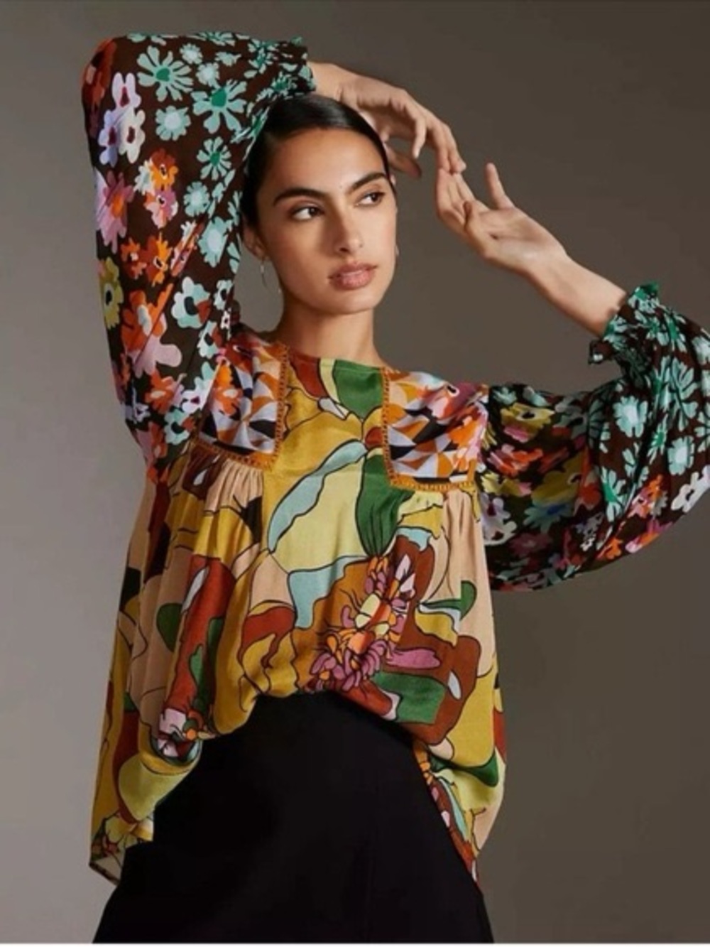 Anthropologie Boho Mixed Print Blouse Retro Floral Patchwork Top
